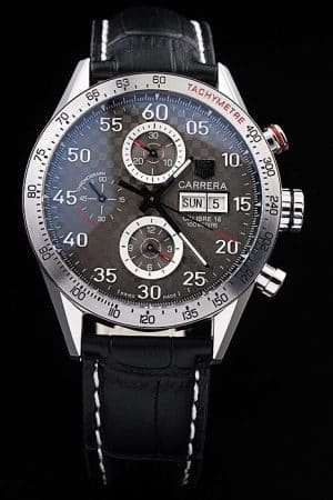 Swiss Tag Heuer Carrera Tachymeter Bezel Black Leather Strap Brown Checkered Dial
