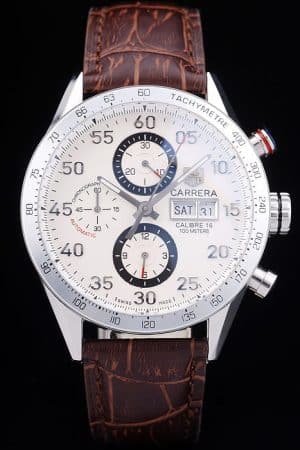 Swiss Tag Heuer Carrera Tachymeter Bezel Dark Brown Leather Strap White Dial