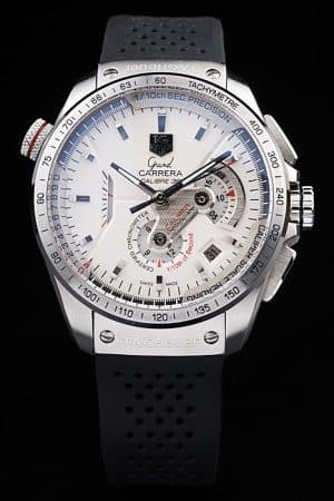 Swiss Tag Heuer Carrera Tachymeter Bezel Black Perforated Rubber Strap White Dial