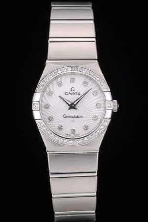 Swiss Lady Omega Constellation Crystal Encrusted Bezel Silver Dial 80291 Radial