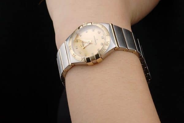 Swiss Lady Omega Constellation Golden Dial Stainless Steel Bracelet 80292