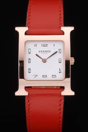 Hermes Heure H Rose Gold Bezel White Dial Red Leather Strap 80233