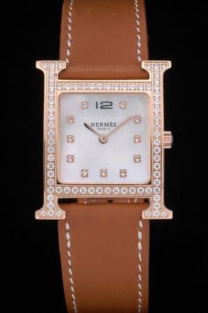Hermes Heure H Rose Gold Bezel Diamond Encrusted Tan Leather Strap White Dial 80236
